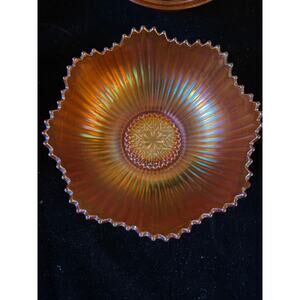Northwood Marigold Carnival Glass Ruffled Bowl 6.75” Rays Pattern
